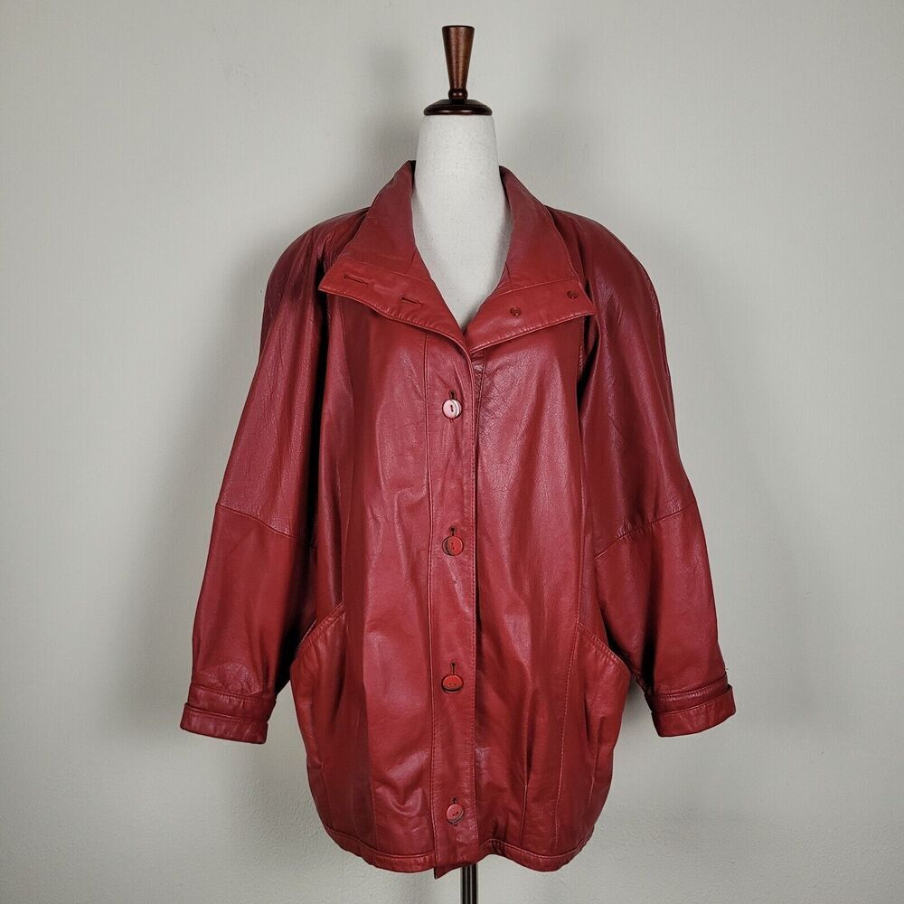Vintage Pelle‎ Jacket Womens Medium Red Leather 90s Oversized Shoulder Pads